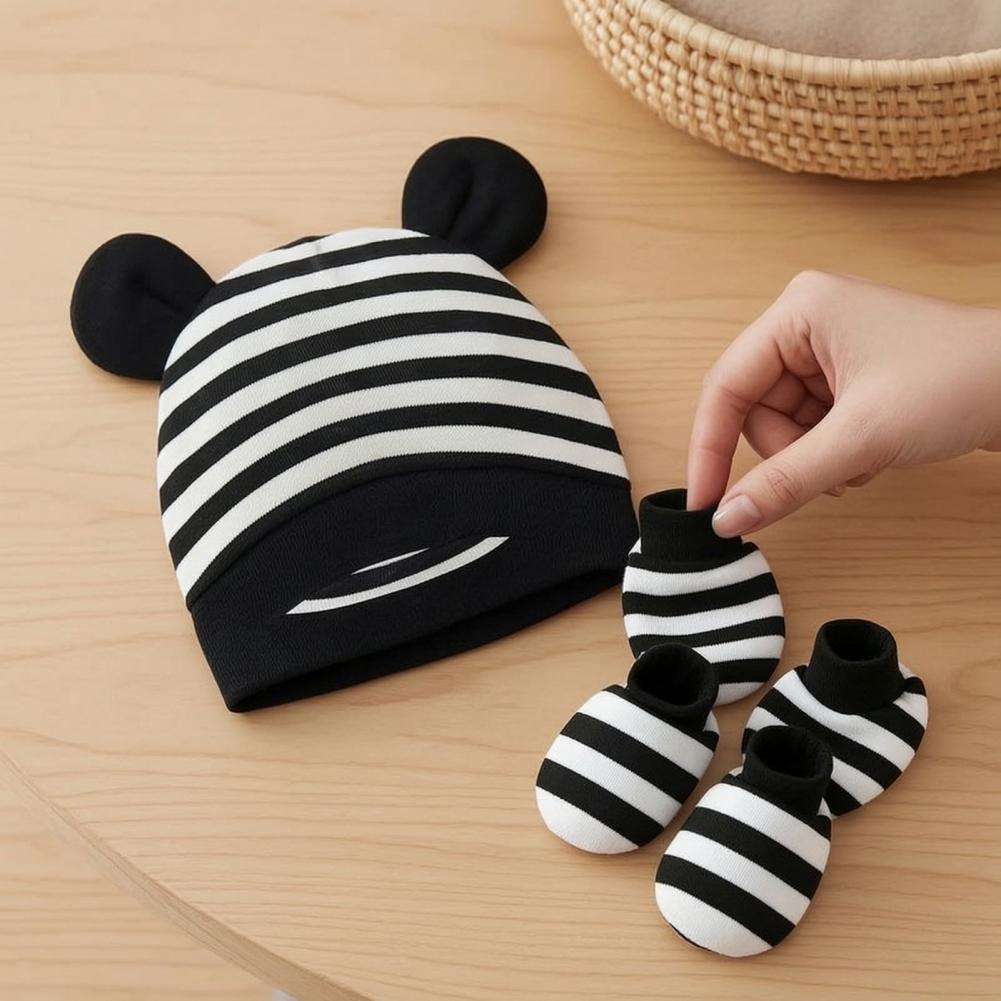 Infant Beanie Hat With Ears - Mitaines anti-rayures pour nouveau-nés, ensemble de